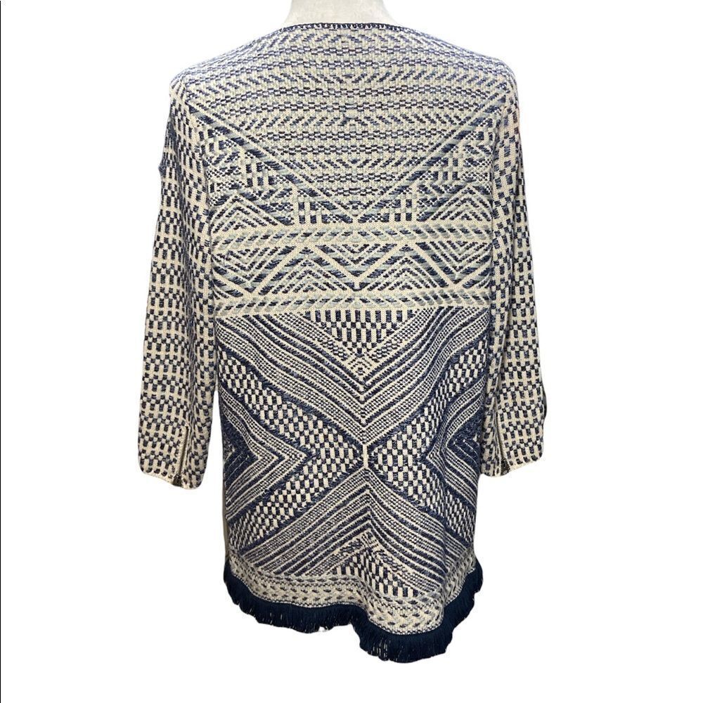 Lucky Brand Open Front Blue Cardigan Sweater Fringe Trim Geometric Size Medium - Picture 3 of 8